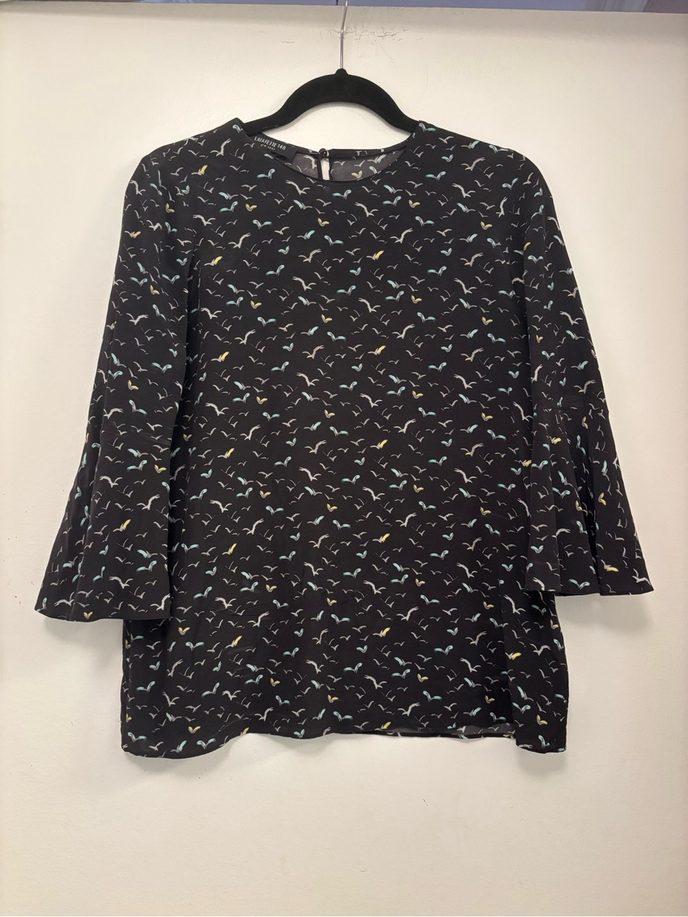 Lafayette 148 New York Black Bird-Print Blouse silk bell sleeves